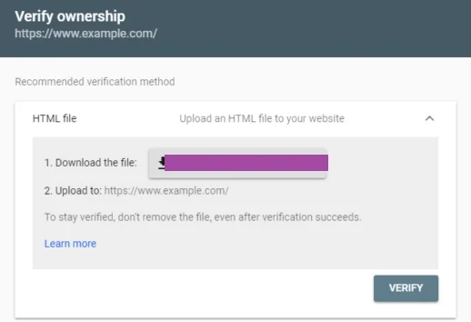 html file verification method in gsc