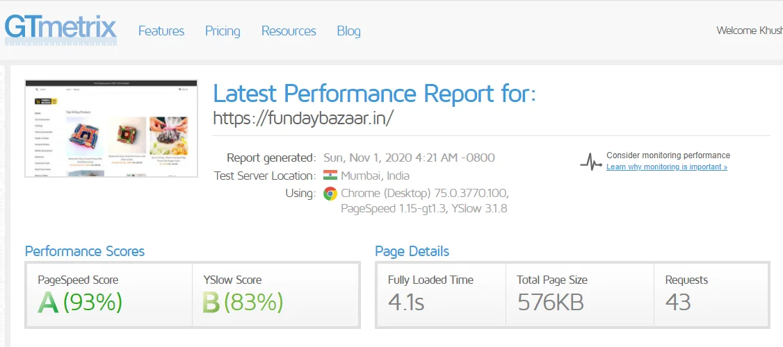 shopify performance on gtmetrix